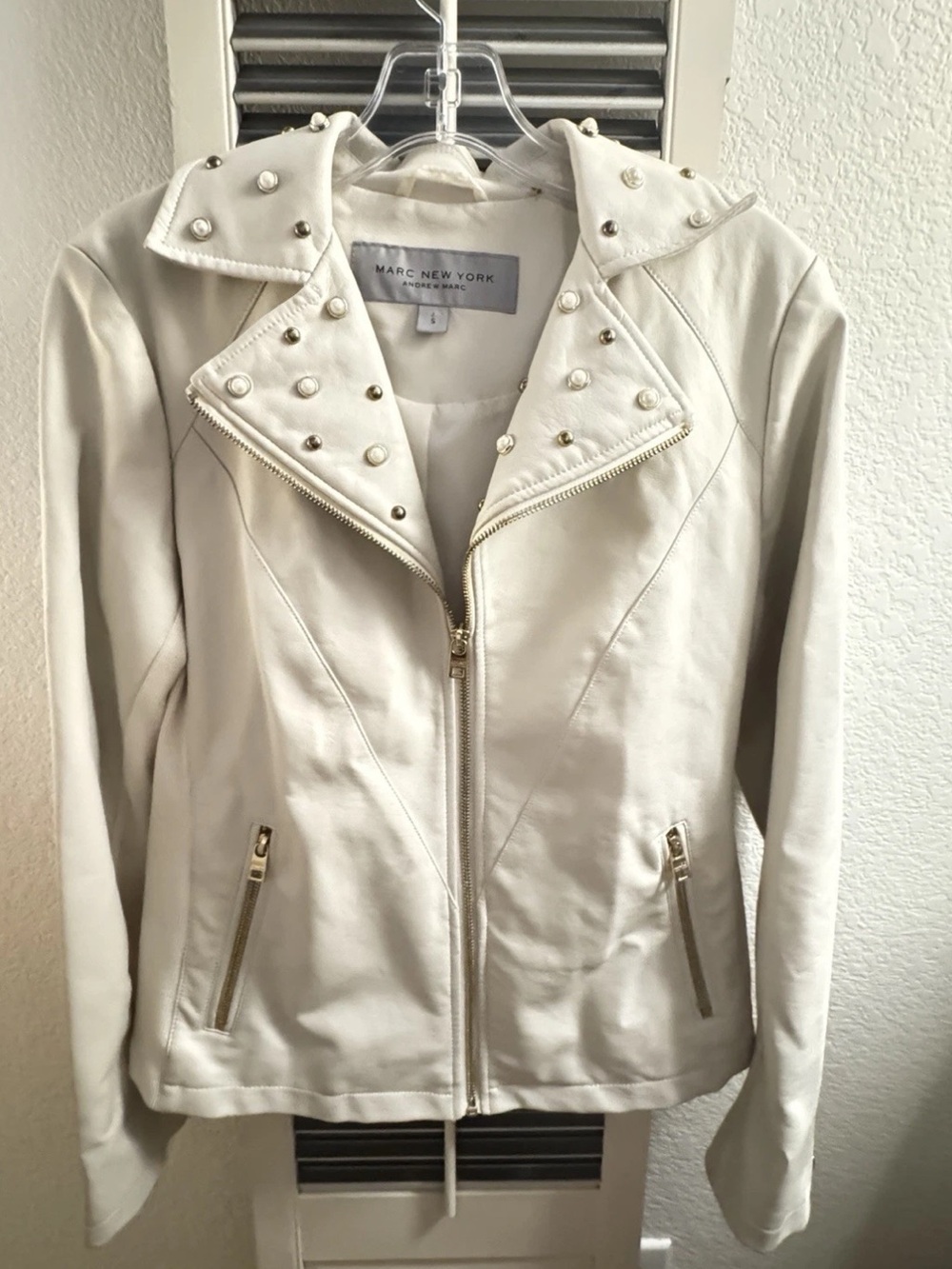 Marc New York Pearl Stud Moto Jacket Ivory Faux Leather Small Womens